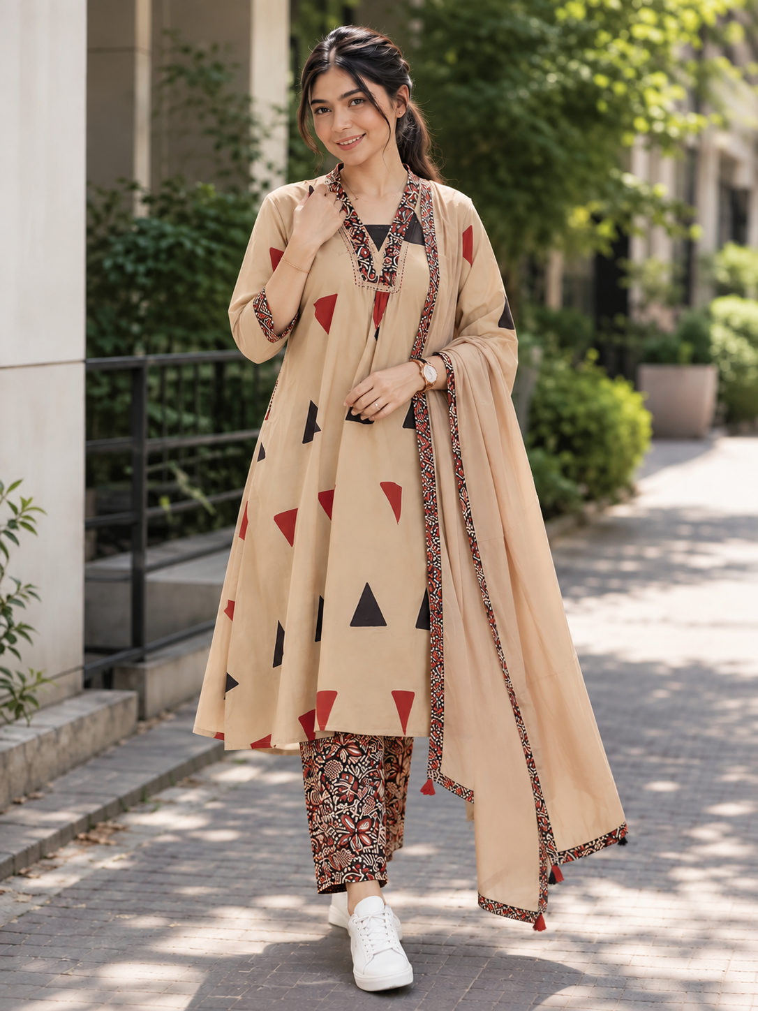 Pure Cotton Kalamkari A-Line Suit with Dupatta