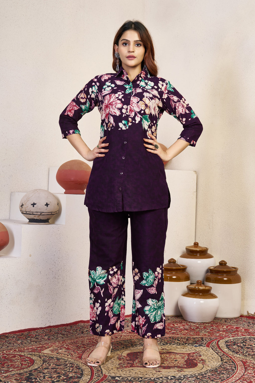 Plum Purple Pure Cotton Printed Co-Ord Set