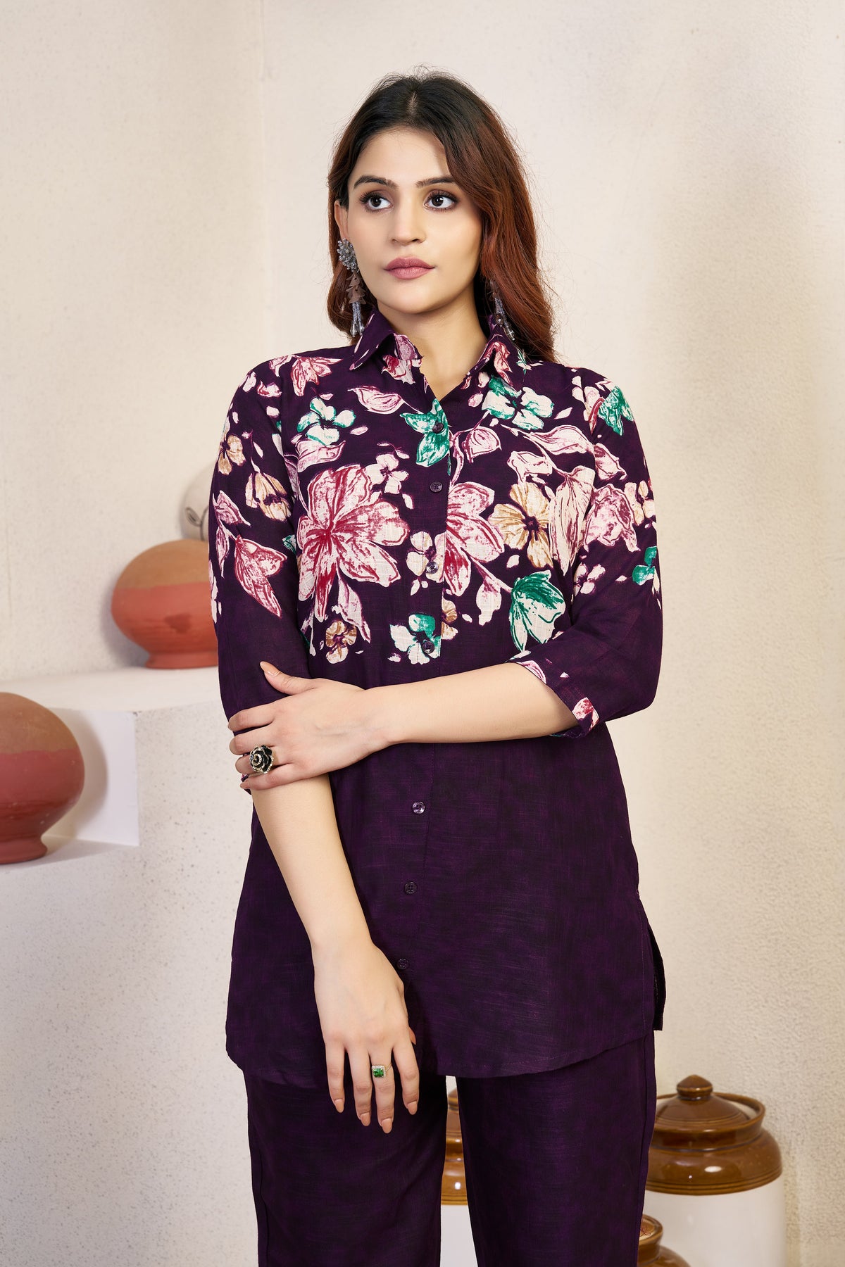 Plum Purple Pure Cotton Printed Co-Ord Set