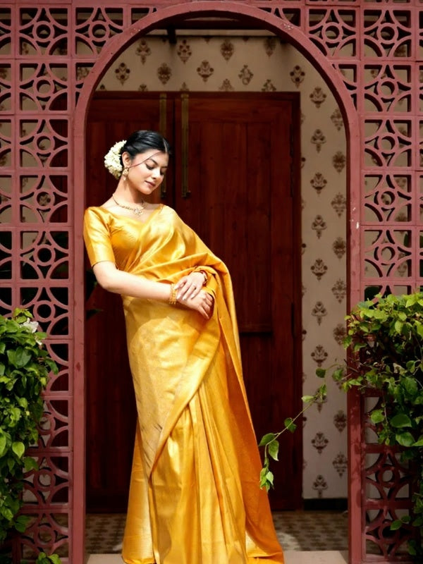 Sunshine Yellow Jacquard Saree – Elegant Woven Design with Rich Traditional Charm