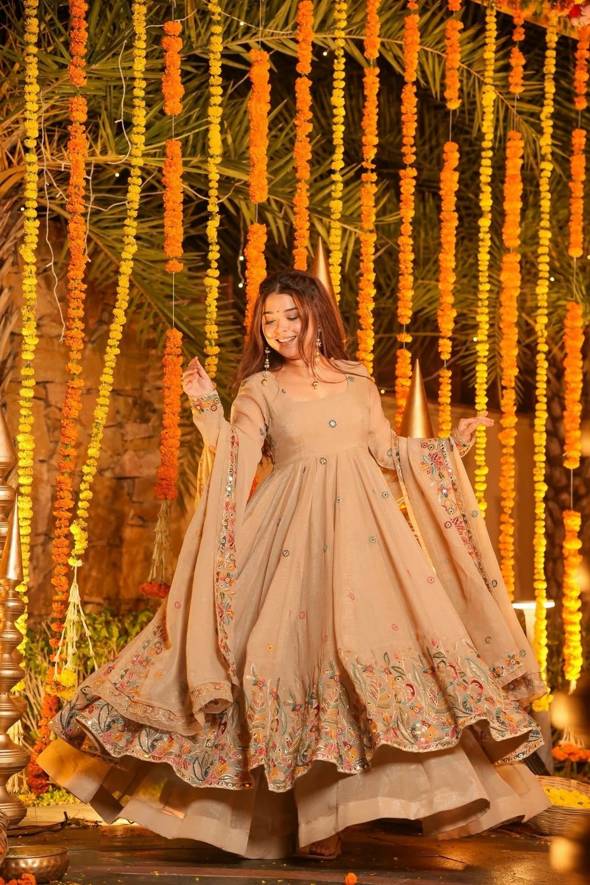 Beige Embroidered Anarkali Suit Set
