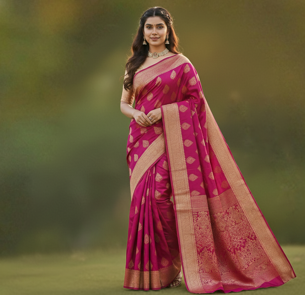 Cerise Pink Jacquard Saree