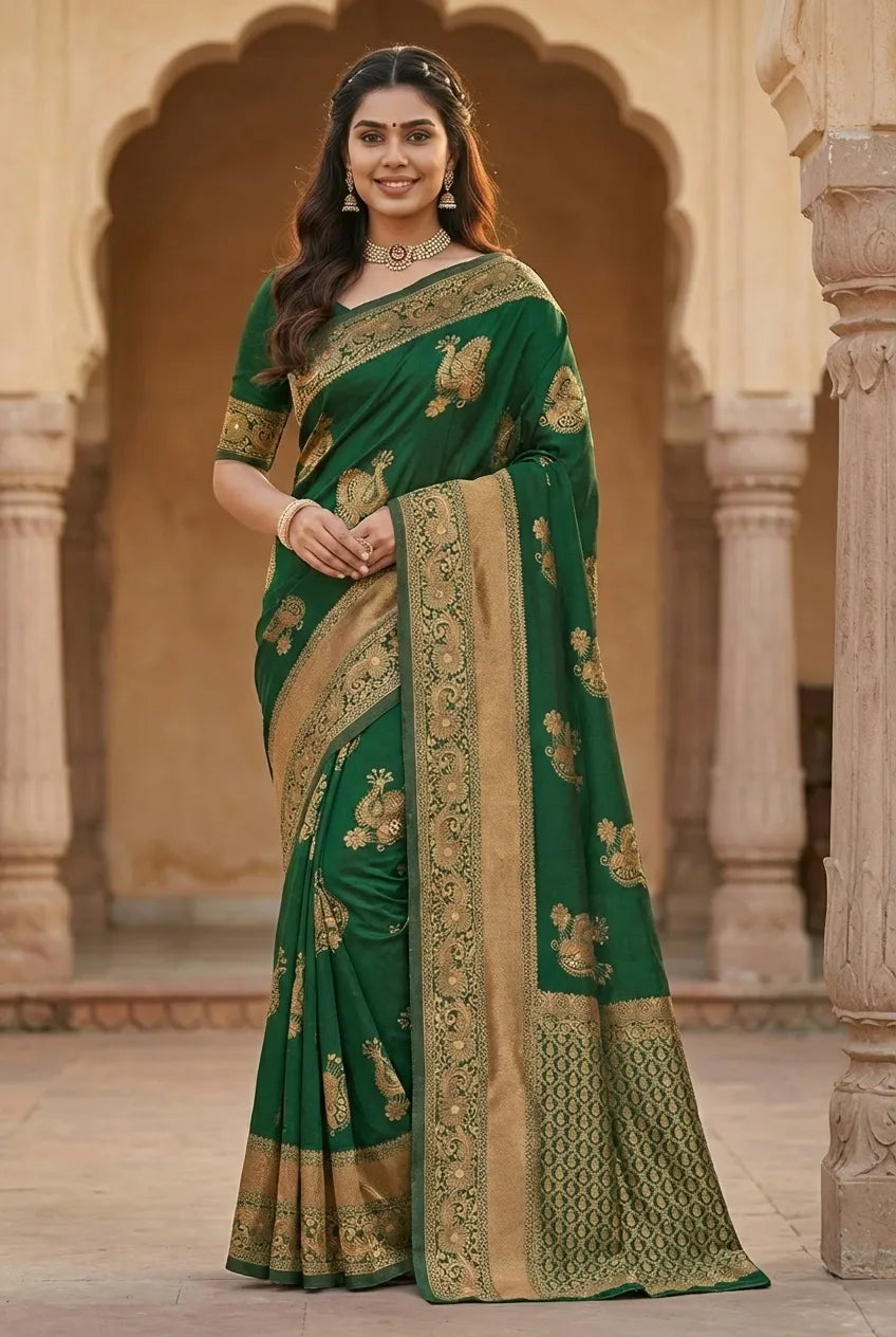 Emerald Green Jacquard Silk Saree with Luxurious Woven Art | Festive & Wedding Elegance