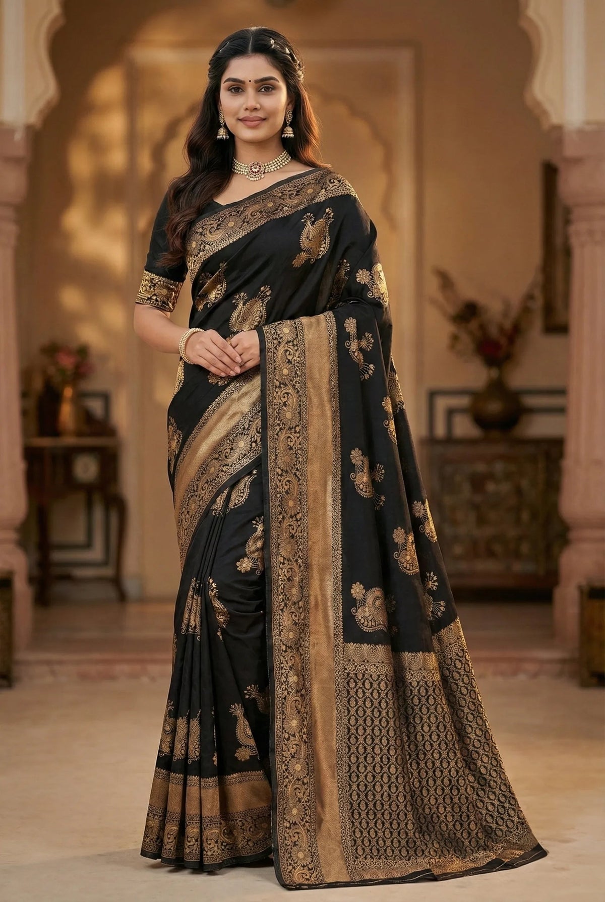 Midnight Black Jacquard Silk Saree with Opulent Woven Design | Luxury Festive Wear