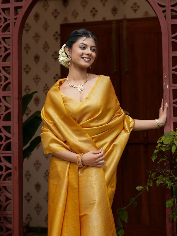 Sunshine Yellow Jacquard Saree – Elegant Woven Design with Rich Traditional Charm
