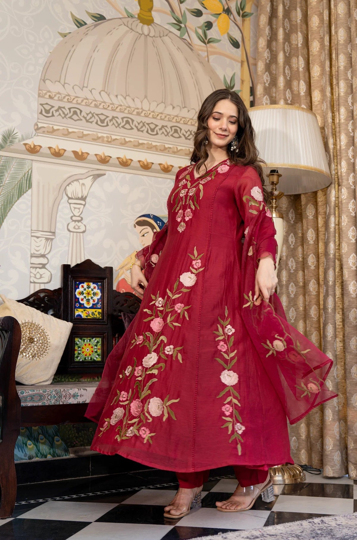 Ruby Pinkish Red Jacquard Suit Set with Dupatta