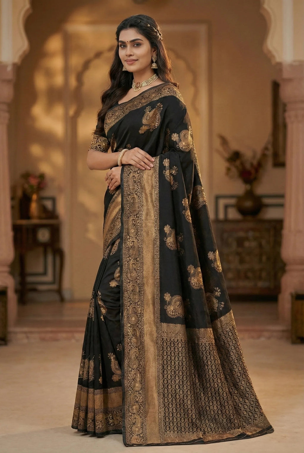 Midnight Black Jacquard Silk Saree with Opulent Woven Design | Luxury Festive Wear