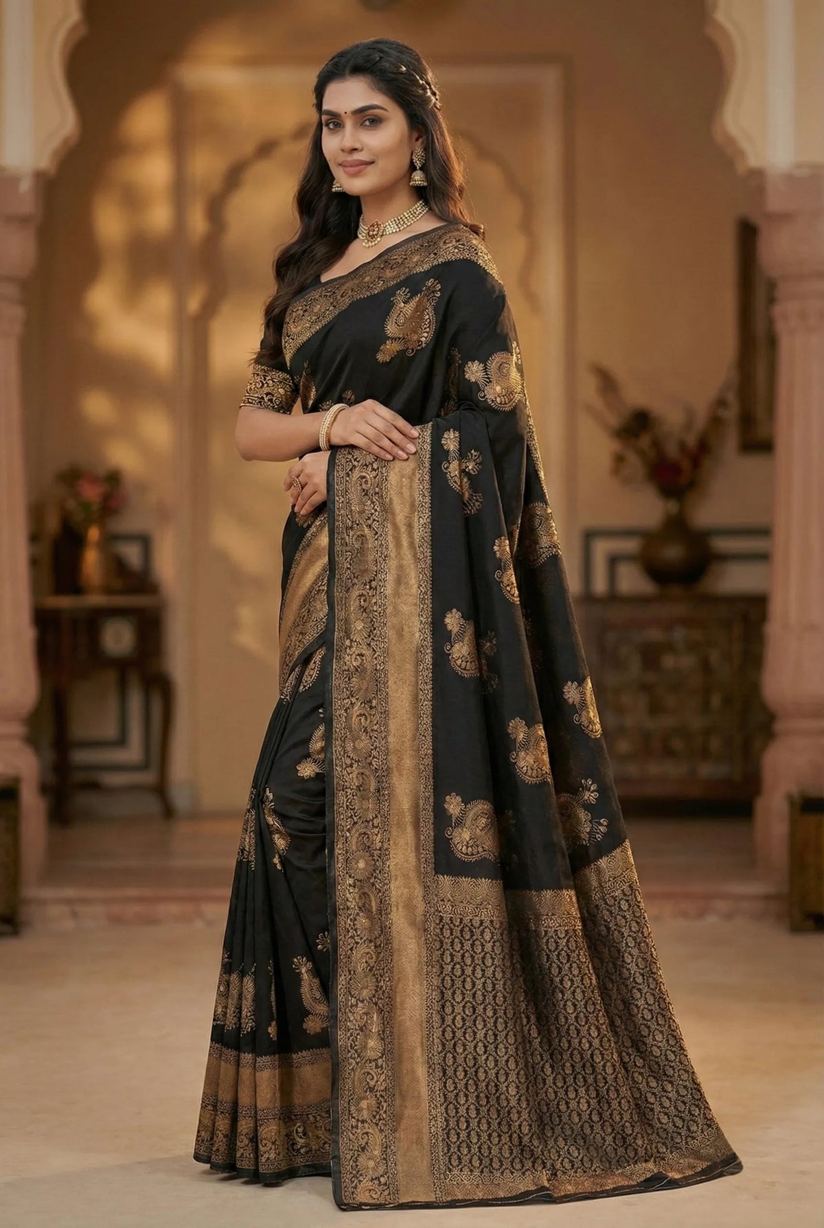 Midnight Black Jacquard Silk Saree with Opulent Woven Design | Luxury Festive Wear