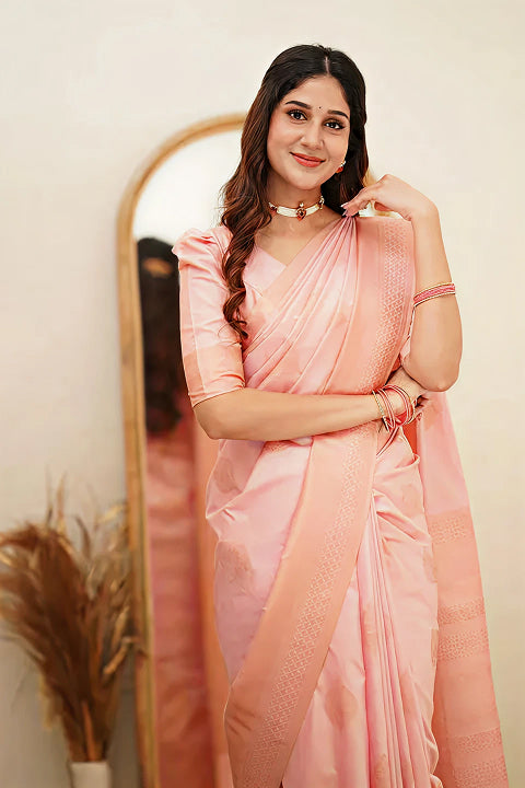 Delicate Light Pink Jacquard Saree – Soft Woven Elegance for Festive & Party Wear