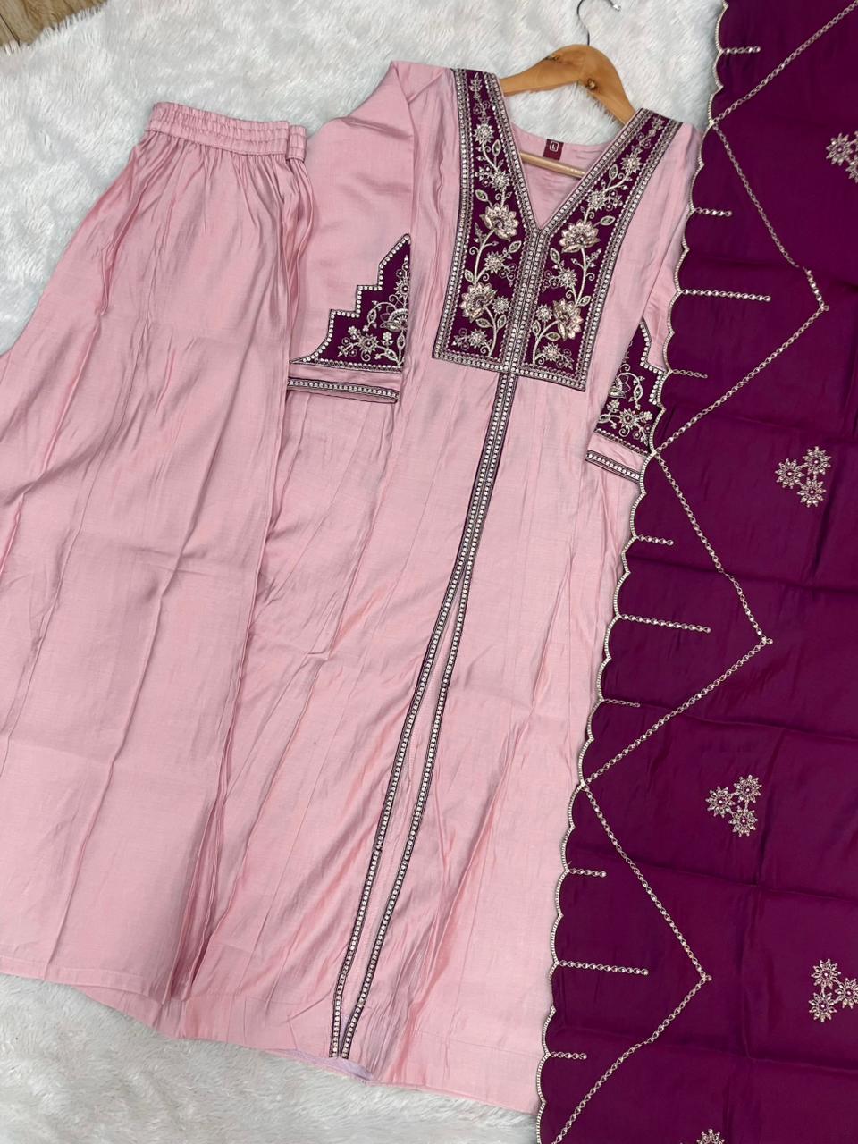 Elegant Pink Roman Silk Anarkali Kurti Set