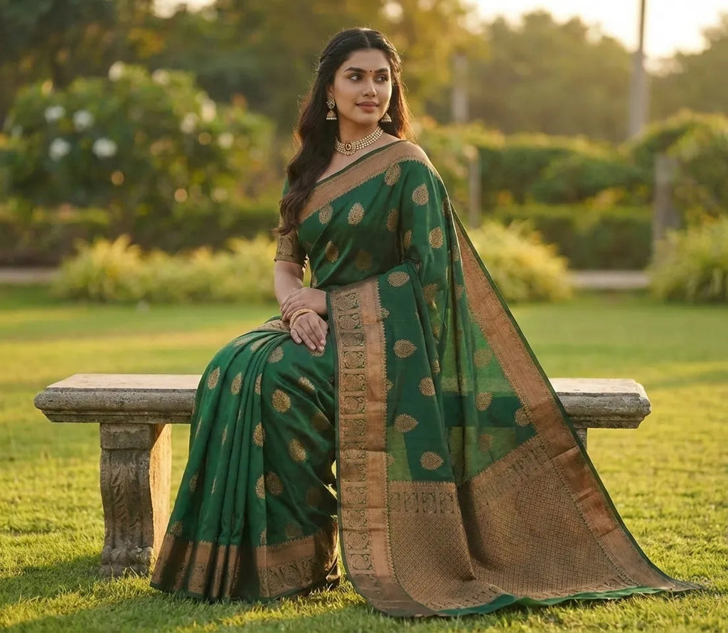 Classic Green Jacquard Silk Saree with Refined Woven Finish | Elegant Festive Wear