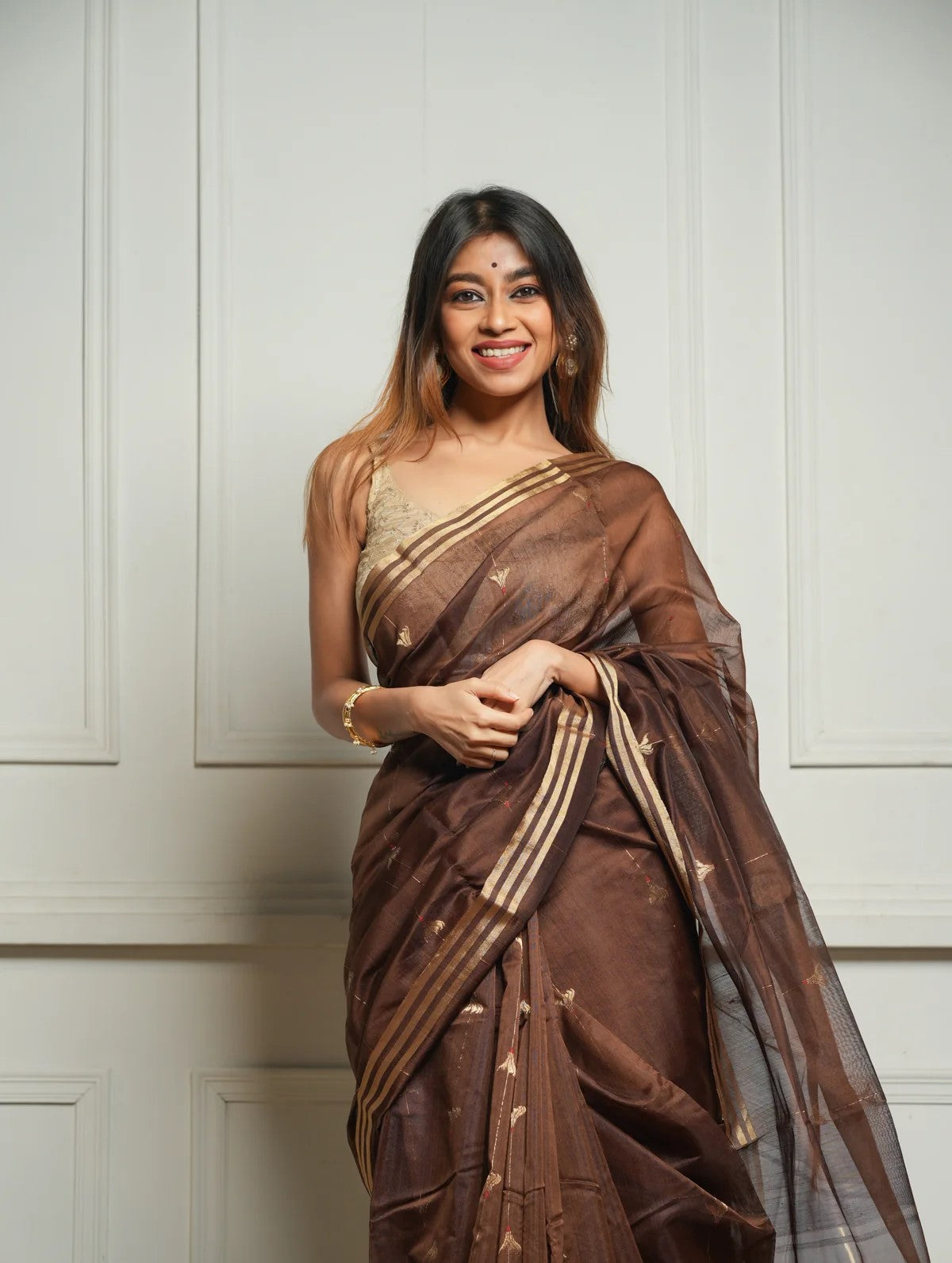 pure silk Classy Brown Colour Saree, Shining Party Wear