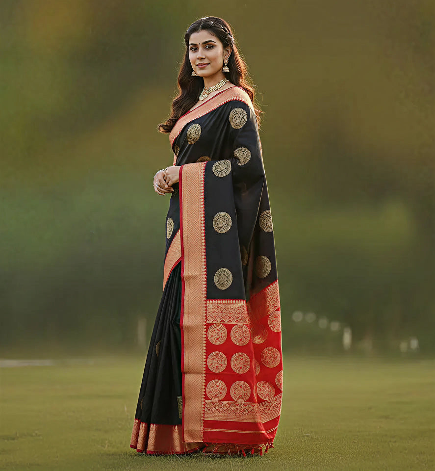 Elegant Black Jacquard Saree – Premium Traditional Saree with Intricate Woven Detailing