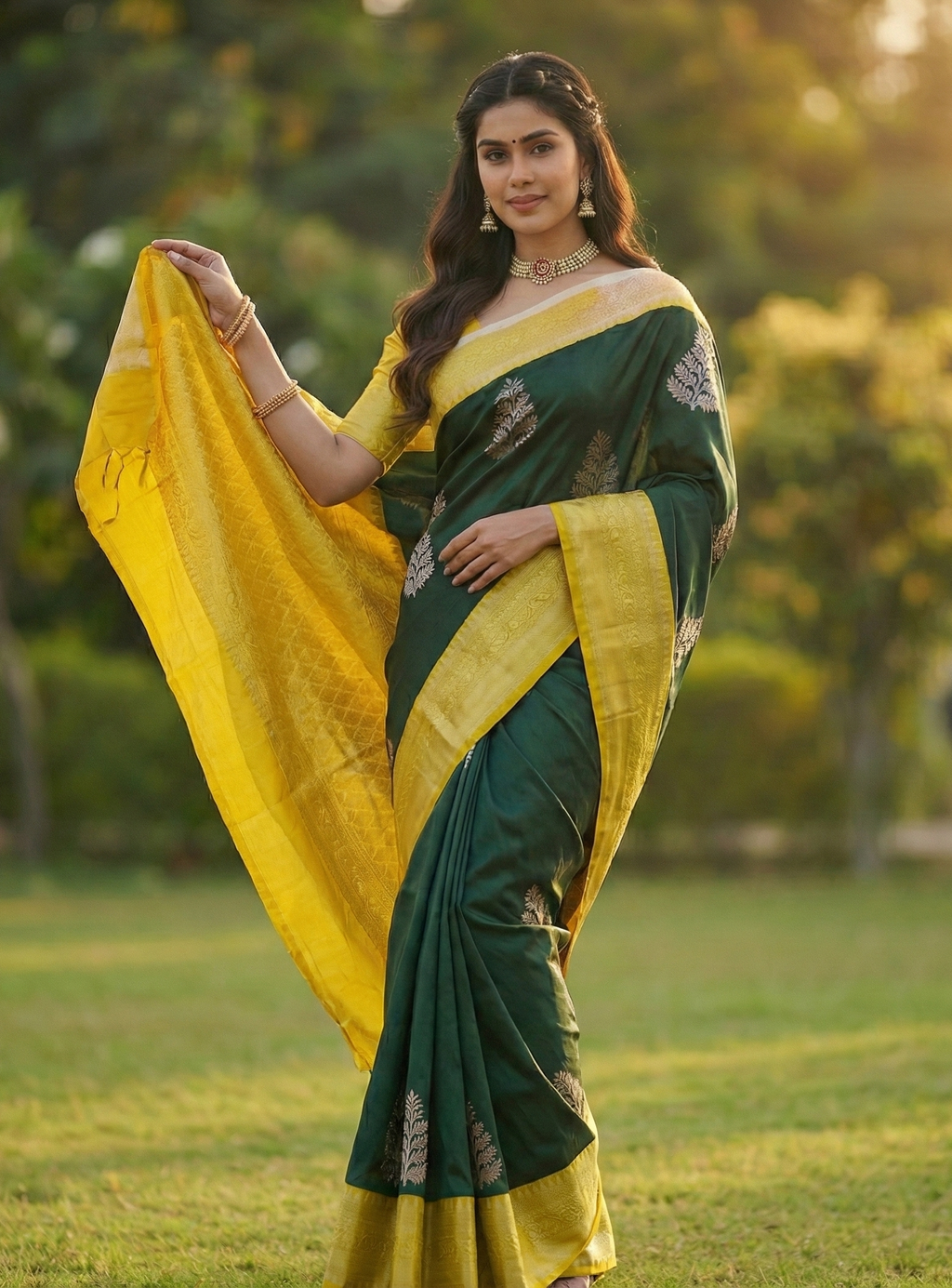 Dark Green Jacquard Saree
