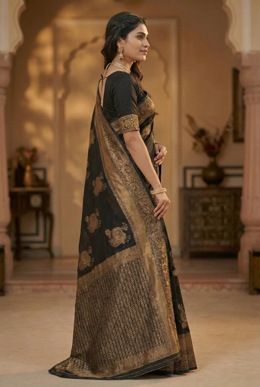Midnight Black Jacquard Silk Saree with Opulent Woven Design | Luxury Festive Wear