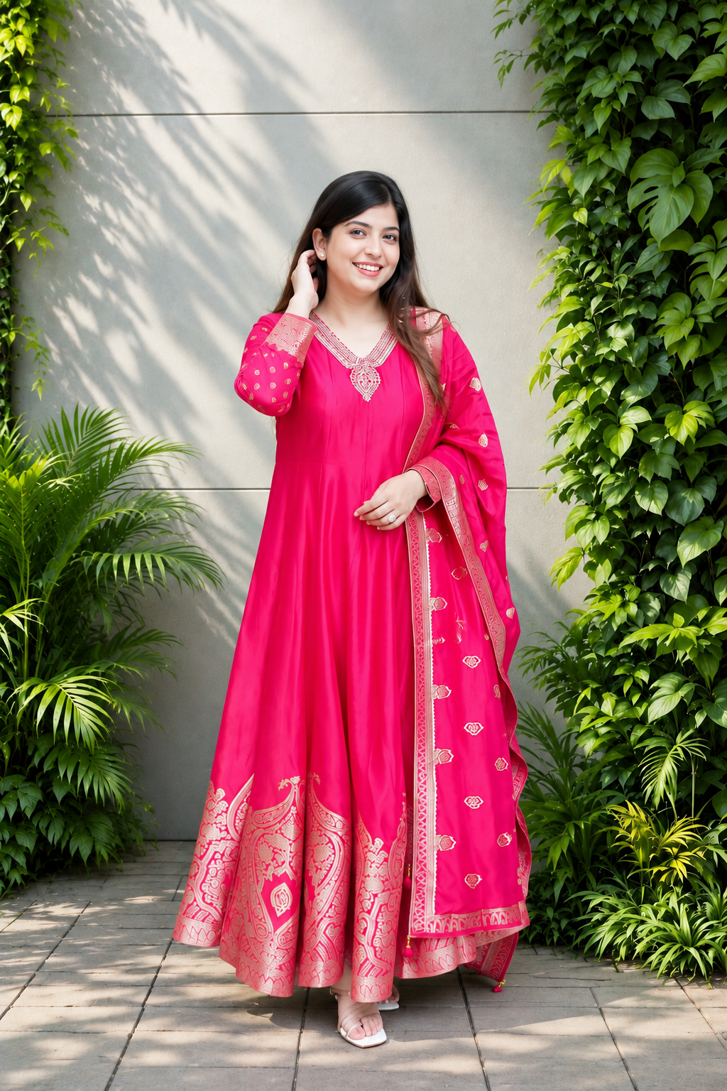 Rani Pink Banarasi Anarkali Suit with Handwork Neckline and Zari Flare