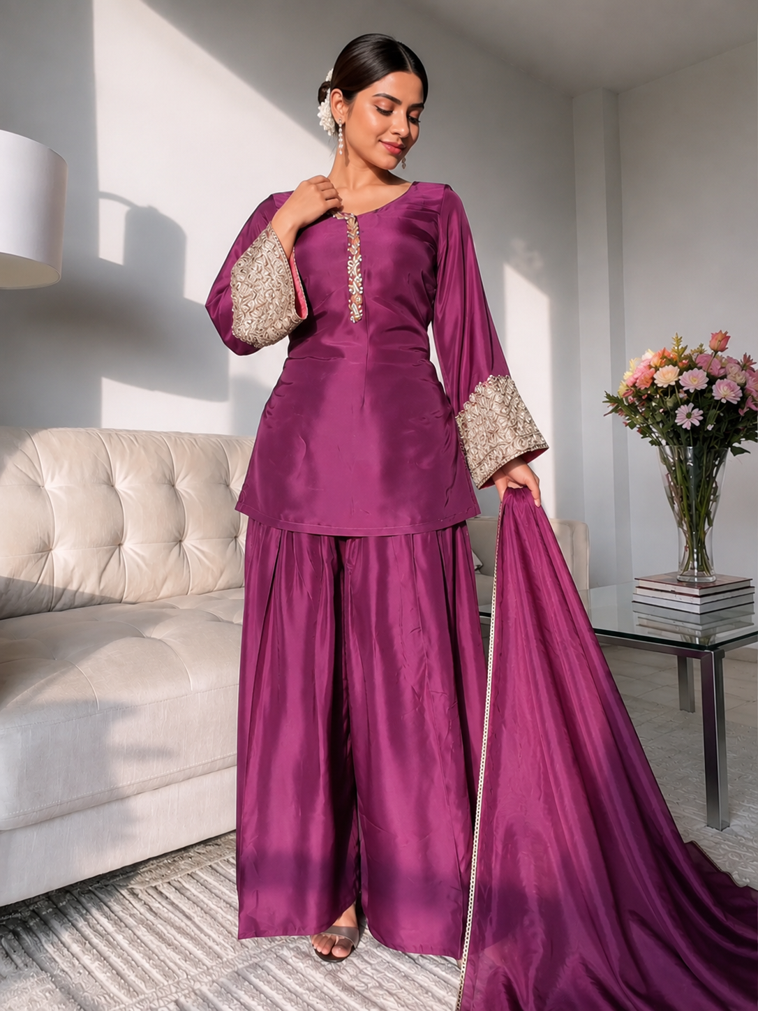Wine Embroidered Farshi Kurta Set