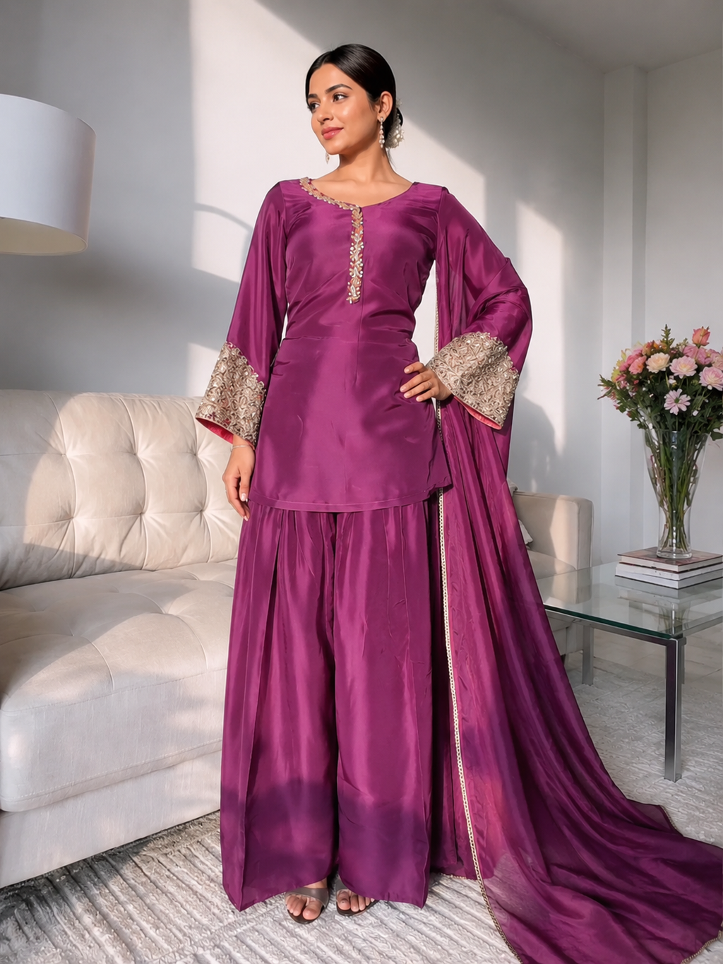 Wine Embroidered Farshi Kurta Set