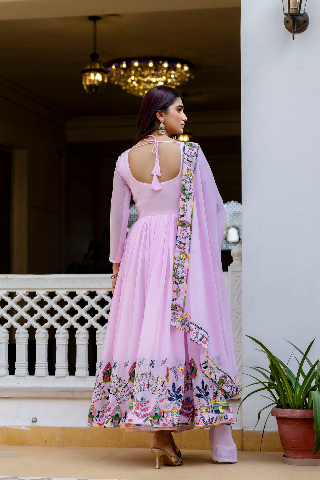 Baby Pink Embroidered Faux Georgette Anarkali Gown Set