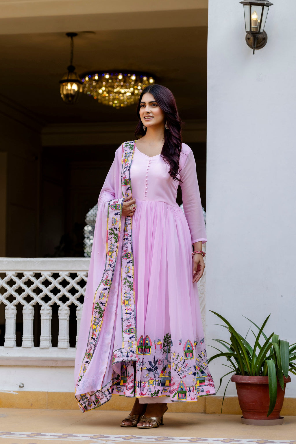 Baby Pink Embroidered Faux Georgette Anarkali Gown Set
