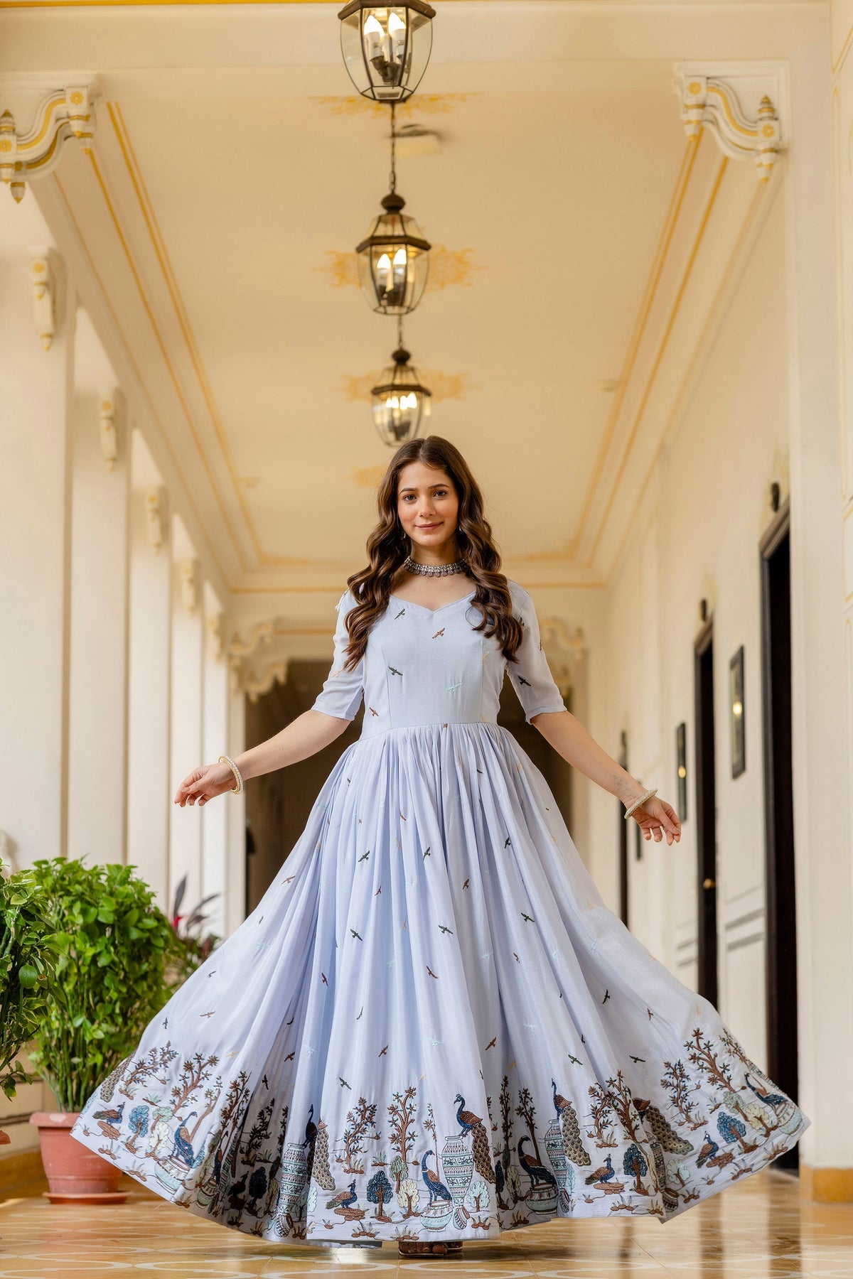 Sky Blue Chinon Embroidered Suit Set