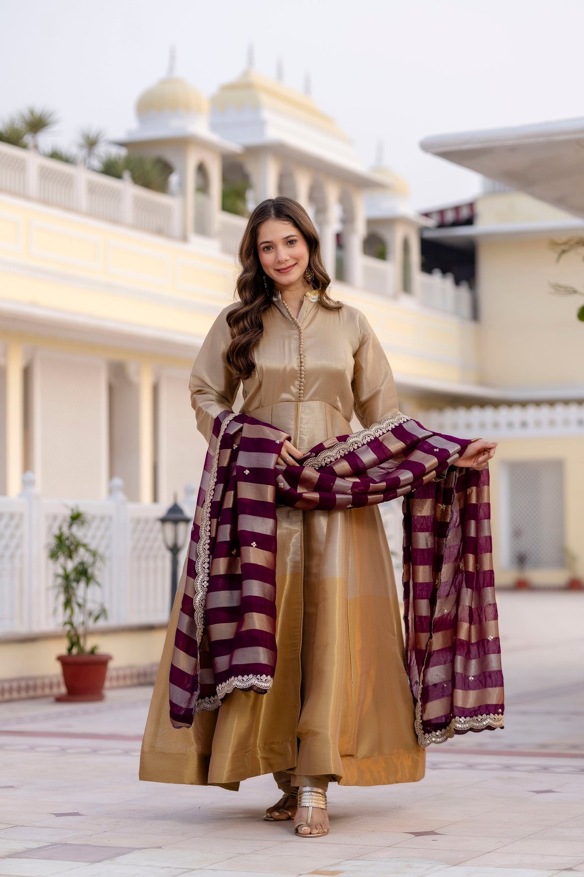 Wine Banarasi Viscose Anarkali Suit Set