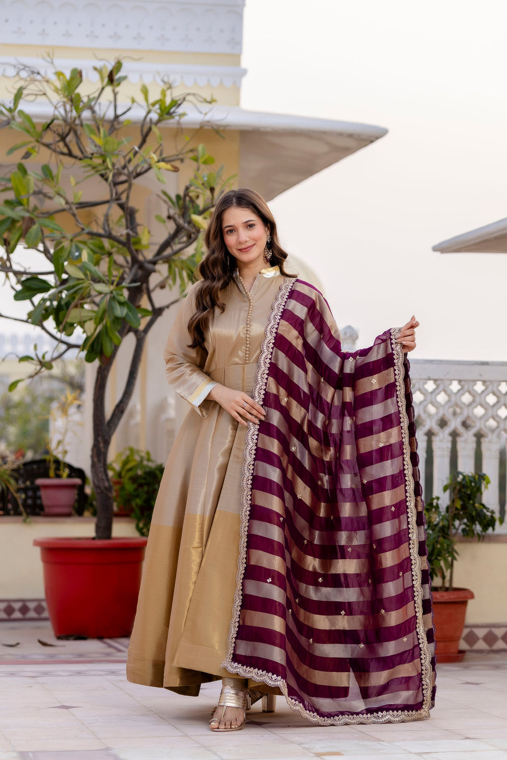 Wine Banarasi Viscose Anarkali Suit Set