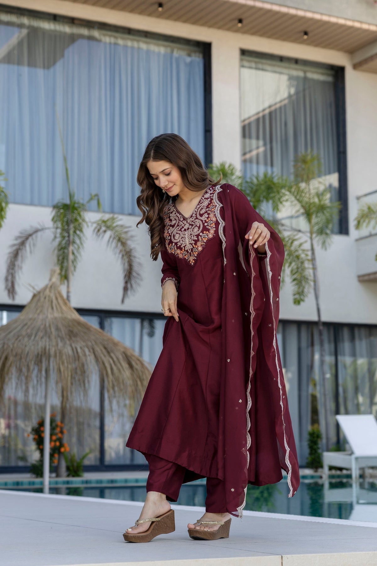 Maroon Embroidered Chinon Kurta Pant Set