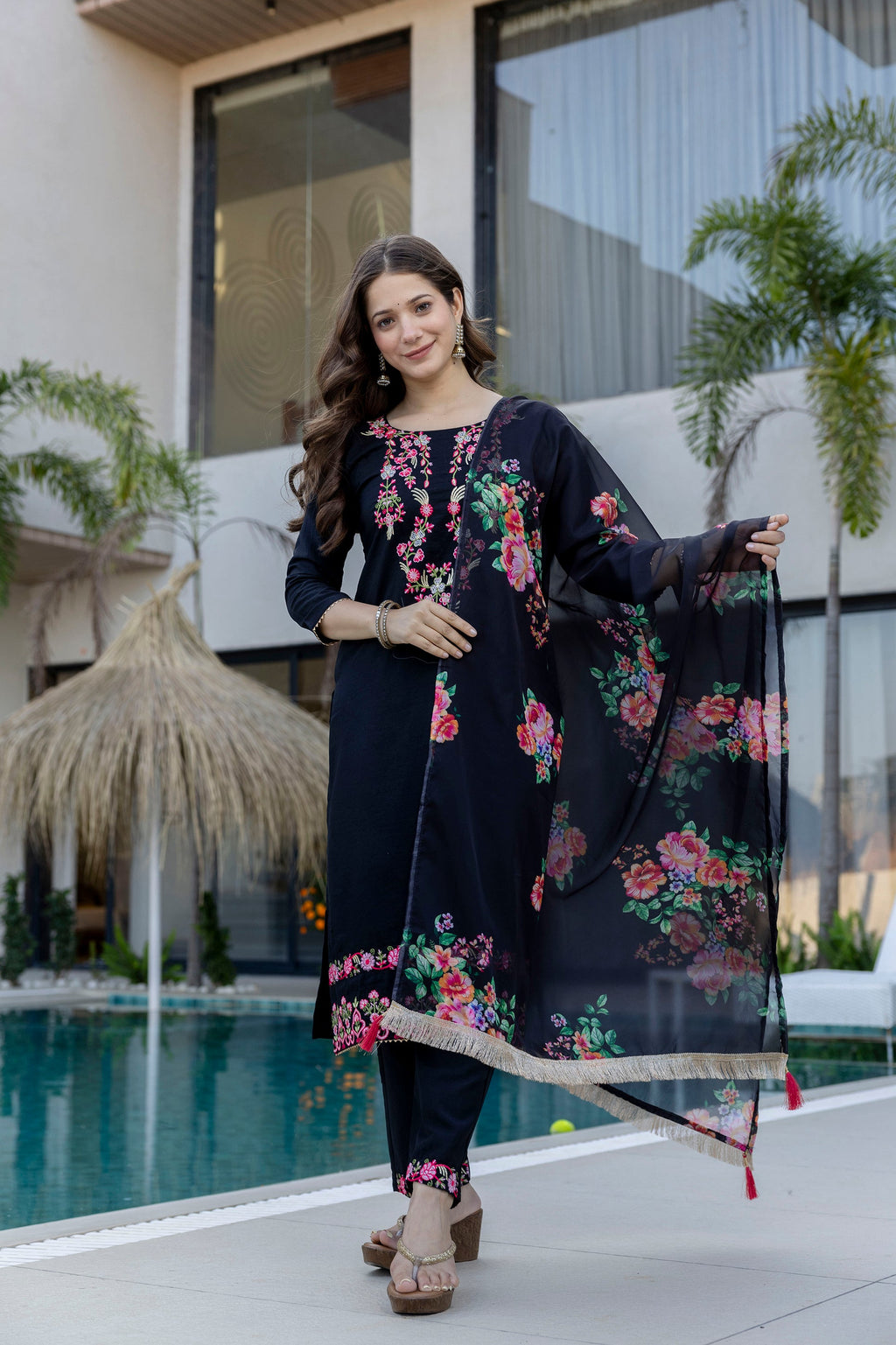 Black Embroidered Chinon Kurta Pant Set