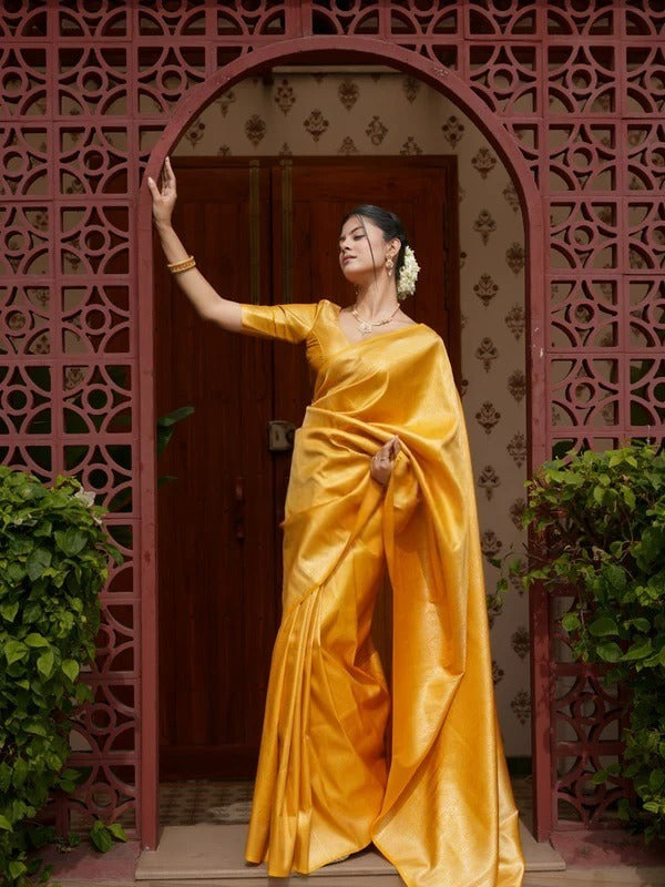 Sunshine Yellow Jacquard Saree – Elegant Woven Design with Rich Traditional Charm