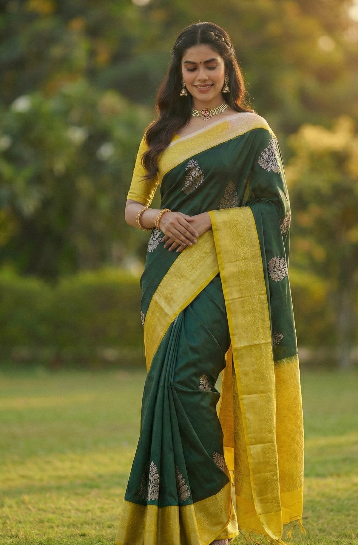 Dark Green Jacquard Saree
