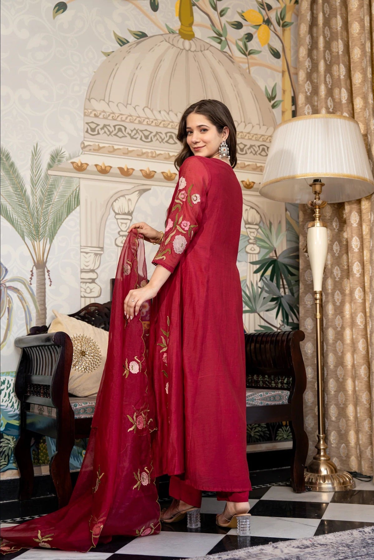 Ruby Pinkish Red Jacquard Suit Set with Dupatta