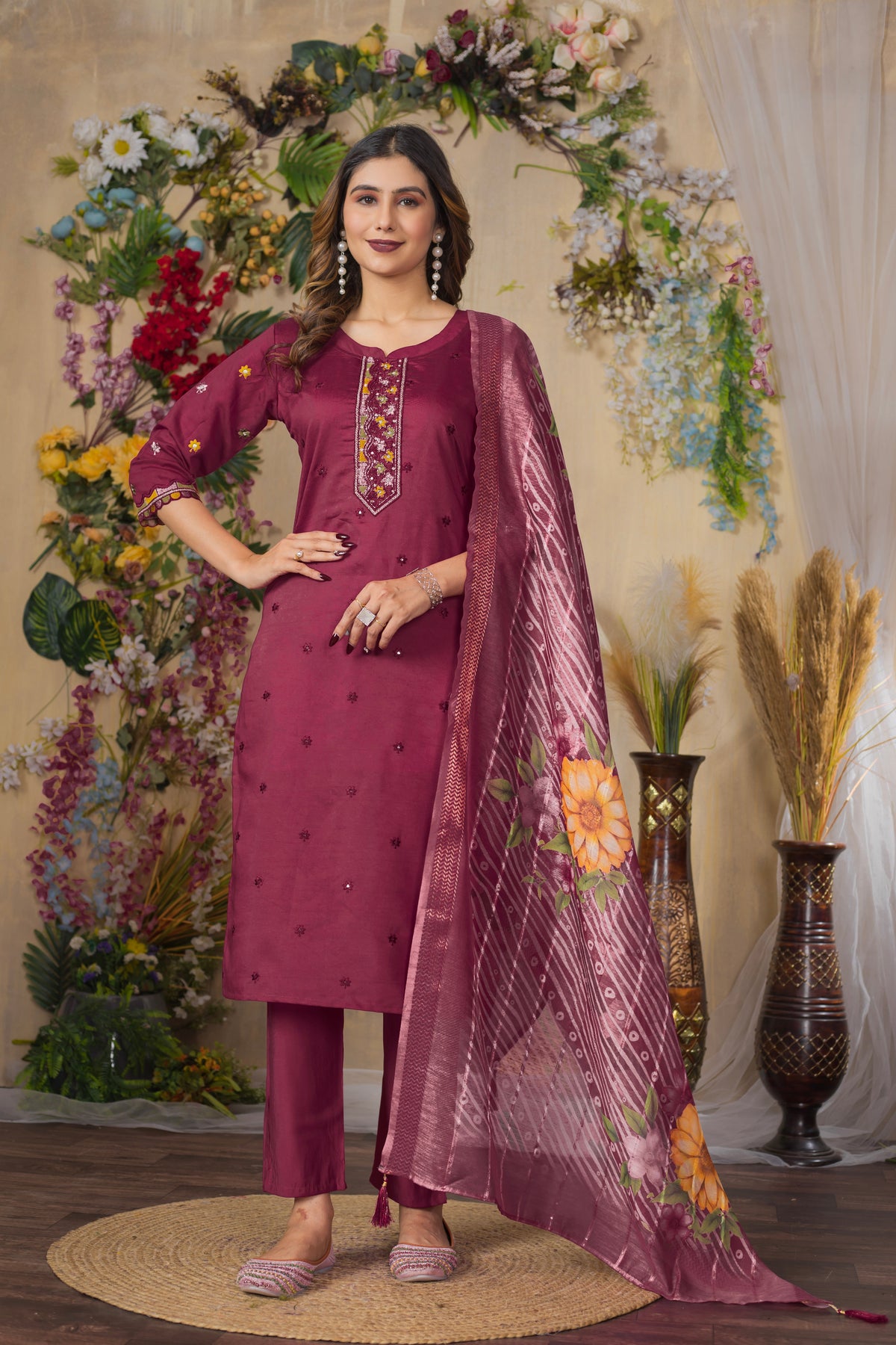 Cerise Roman Silk Multi Embroidered Suit Set