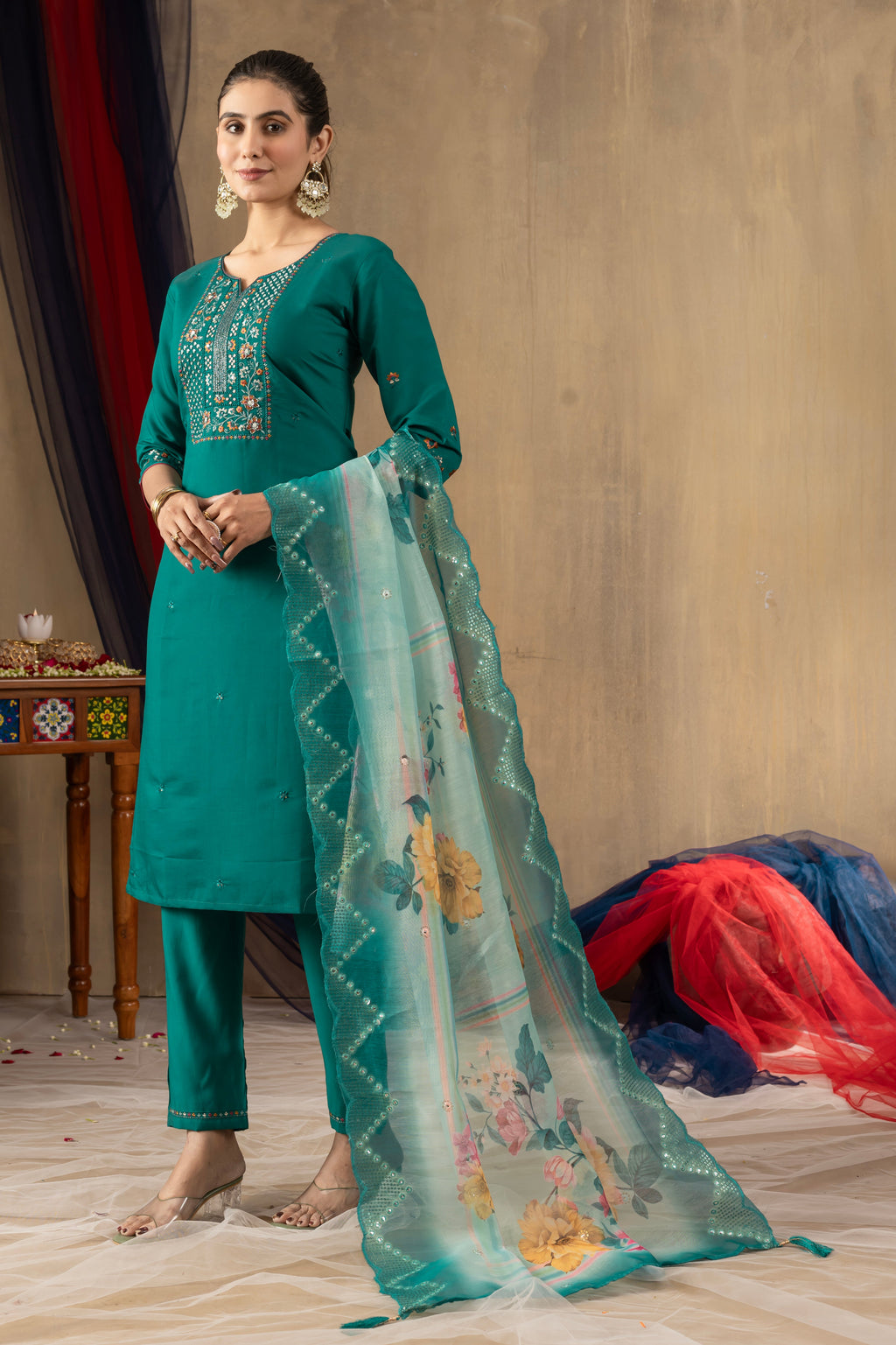 Rama Green Roman Silk Embroidered Kurta Pant Set