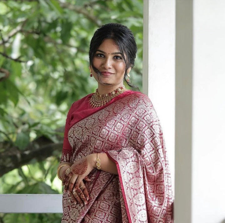 Royal Dark Red Jacquard Saree – Rich Woven Elegance for Weddings & Festive Wear