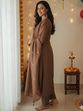 Aesthetic Mul Cotton Embroidery Madhavi Coffee Suit Set with Dupatta