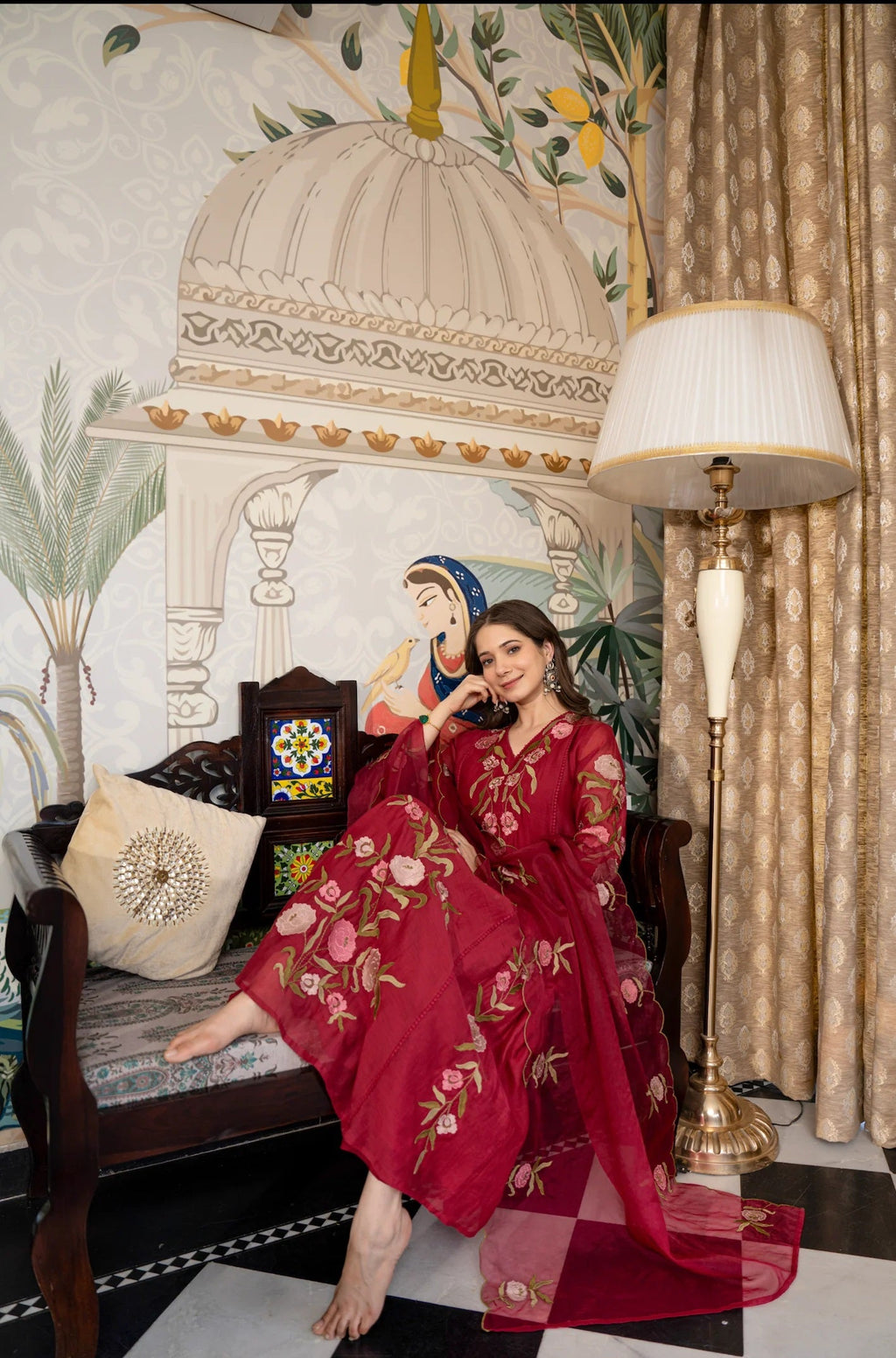 Ruby Pinkish Red Jacquard Suit Set with Dupatta