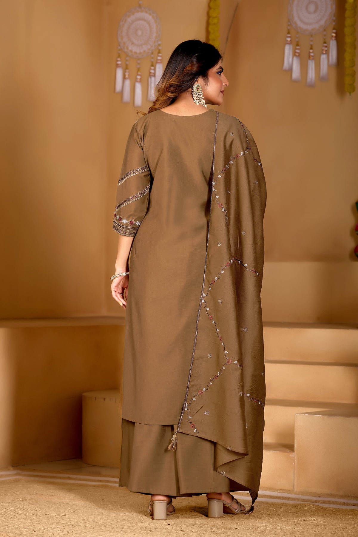 Elegant Brown Viscose Mango Silk Anarkali Kurti Set