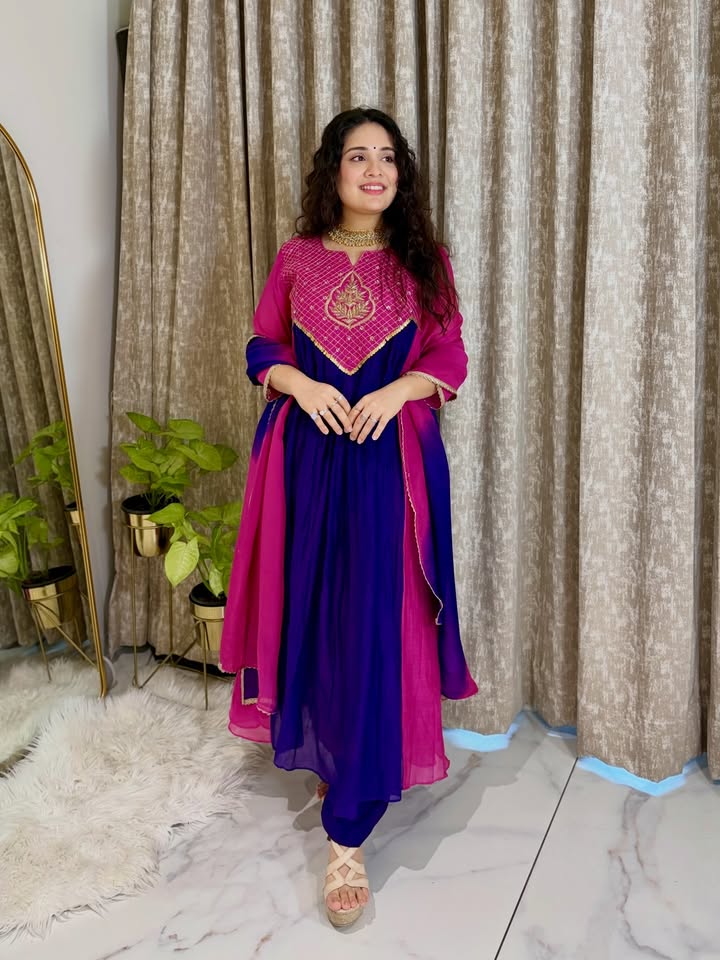 Royal Blue & Pink Embroidered Anarkali Kurta Set With Dupatta