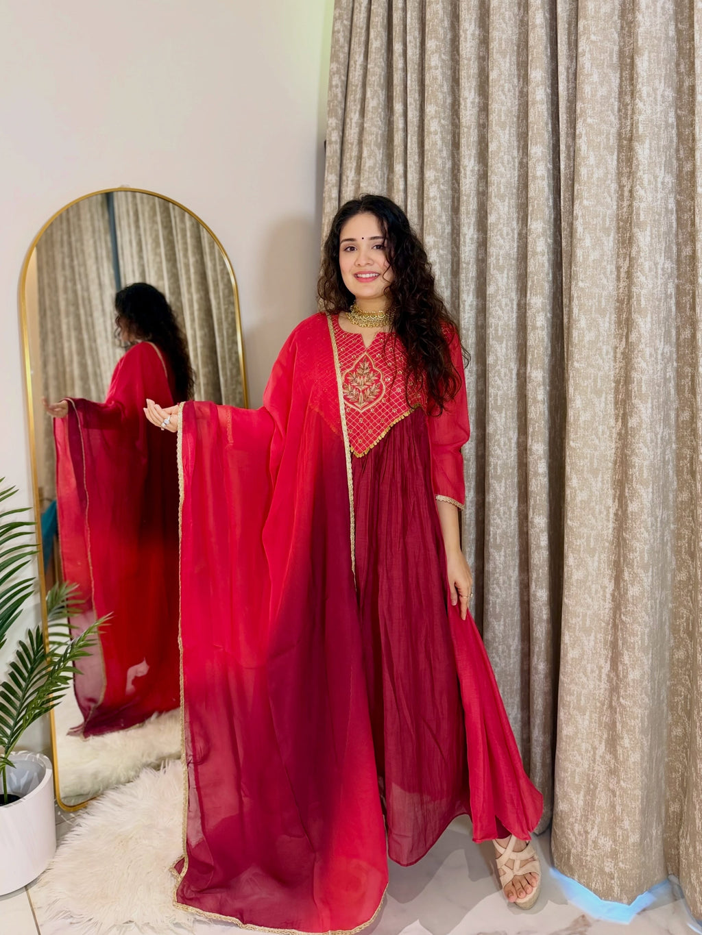 Crimson Royale Chanderi Anarkali kurti Pant With Dupatta