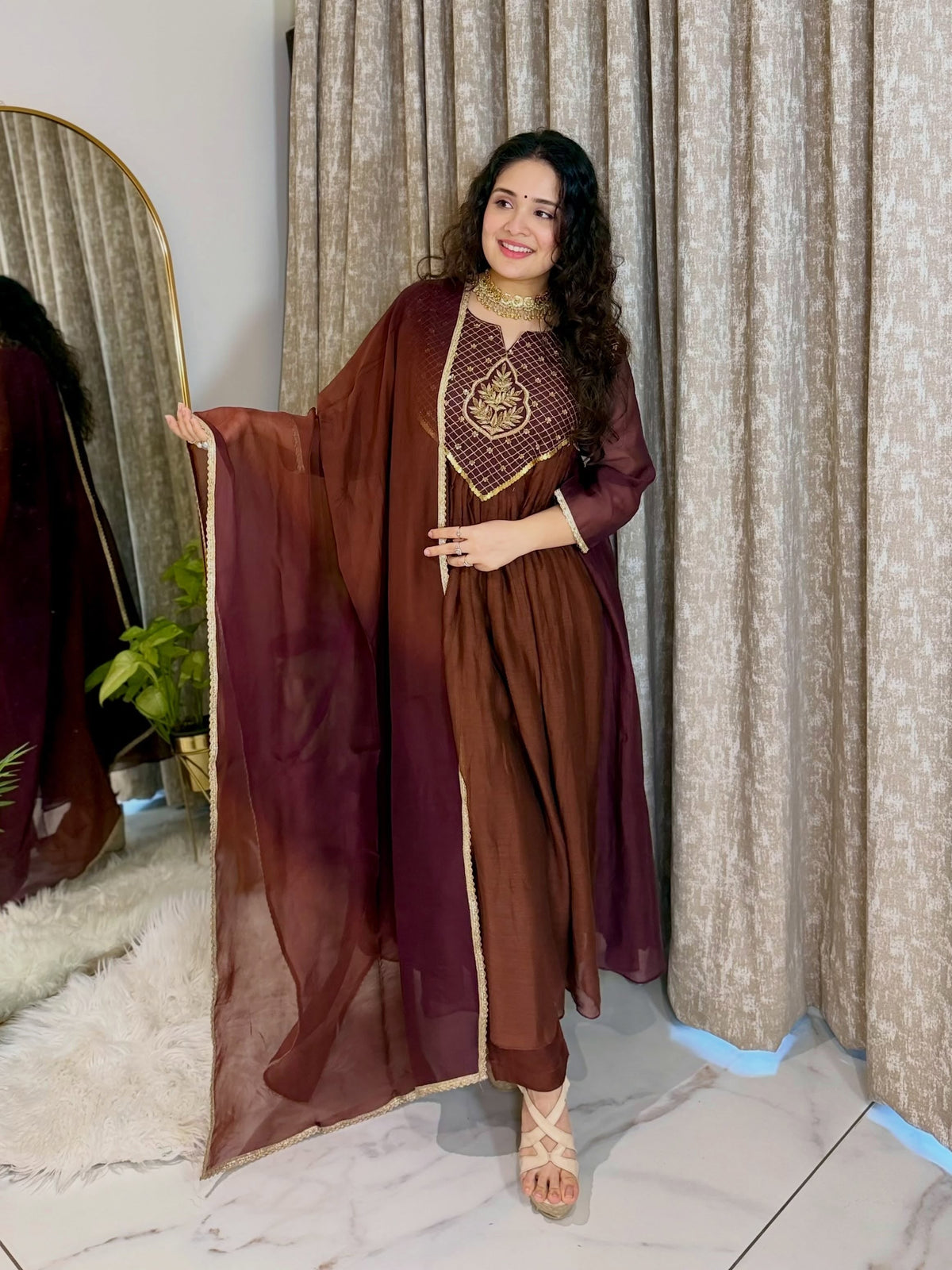 Cocoa Brown Mul Chanderi Anarkali kurti Pent With Dupatta