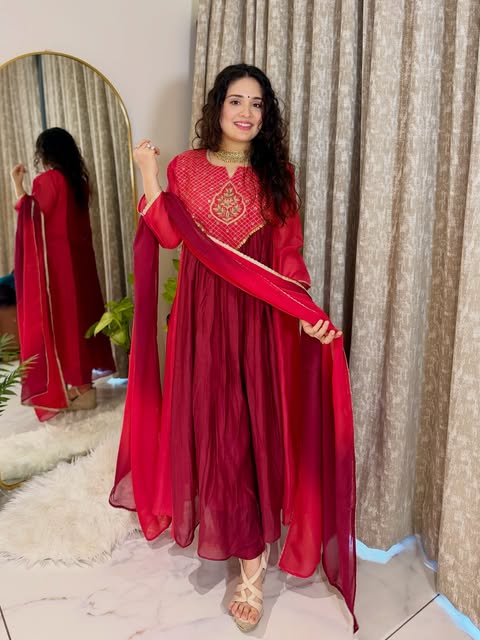 Crimson Royale Chanderi Anarkali kurti Pant With Dupatta