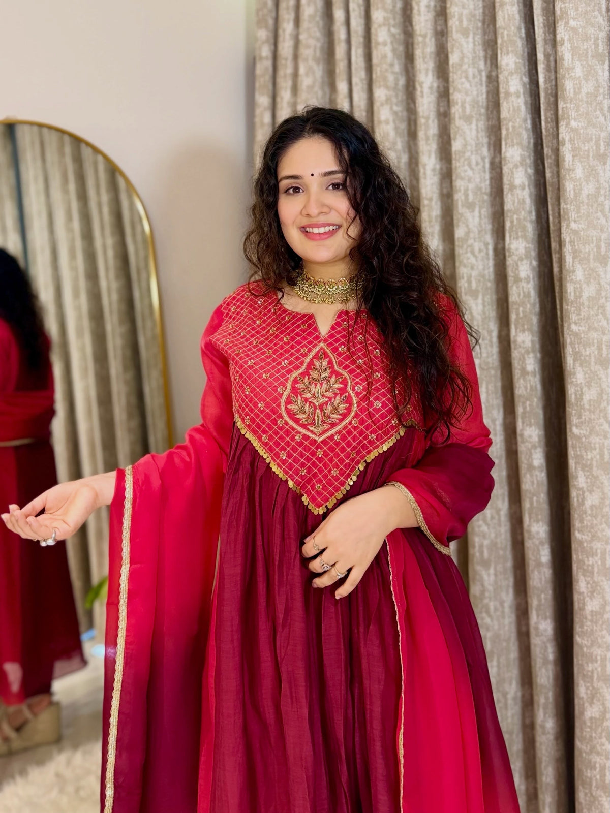 Crimson Royale Chanderi Anarkali kurti Pant With Dupatta
