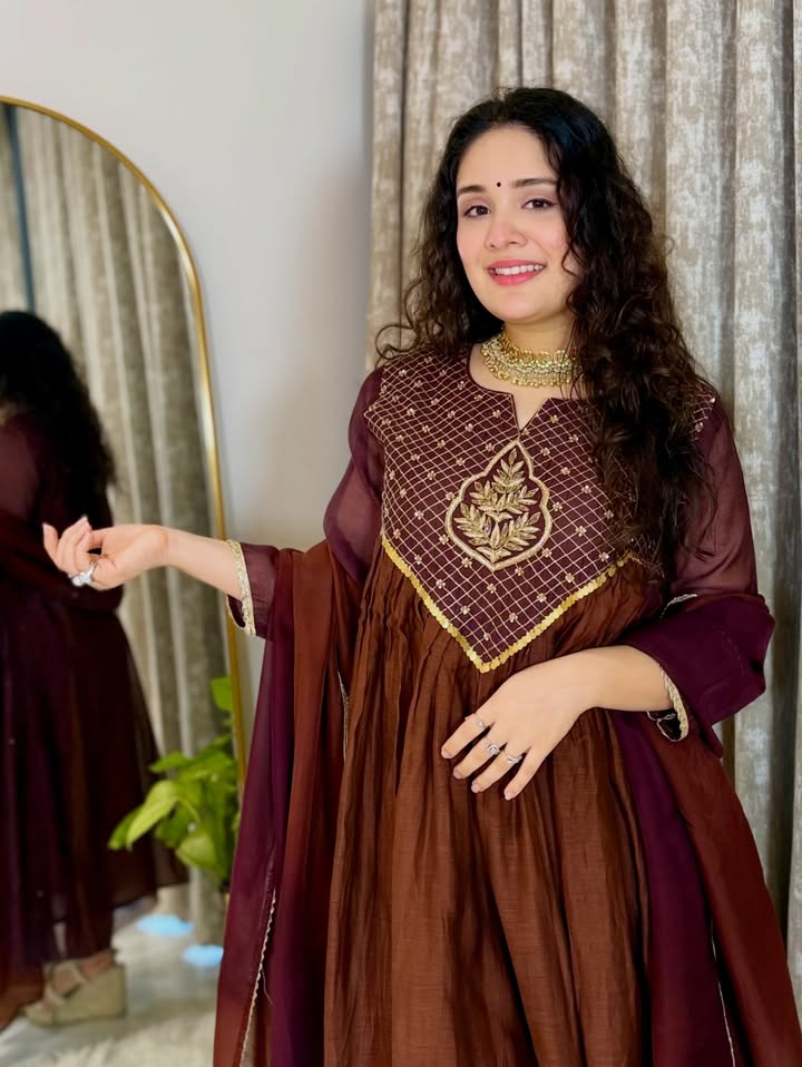 Cocoa Brown Mul Chanderi Anarkali kurti Pent With Dupatta