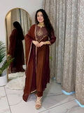 Cocoa Brown Mul Chanderi Anarkali kurti Pent With Dupatta