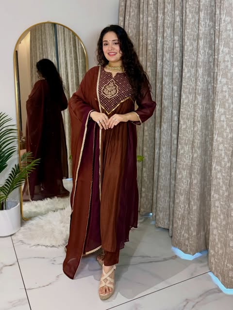Cocoa Brown Mul Chanderi Anarkali kurti Pent With Dupatta