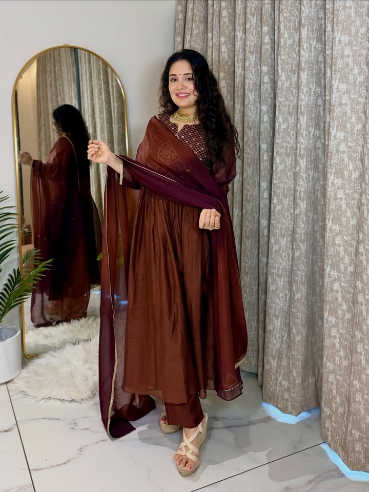 Cocoa Brown Mul Chanderi Anarkali kurti Pent With Dupatta