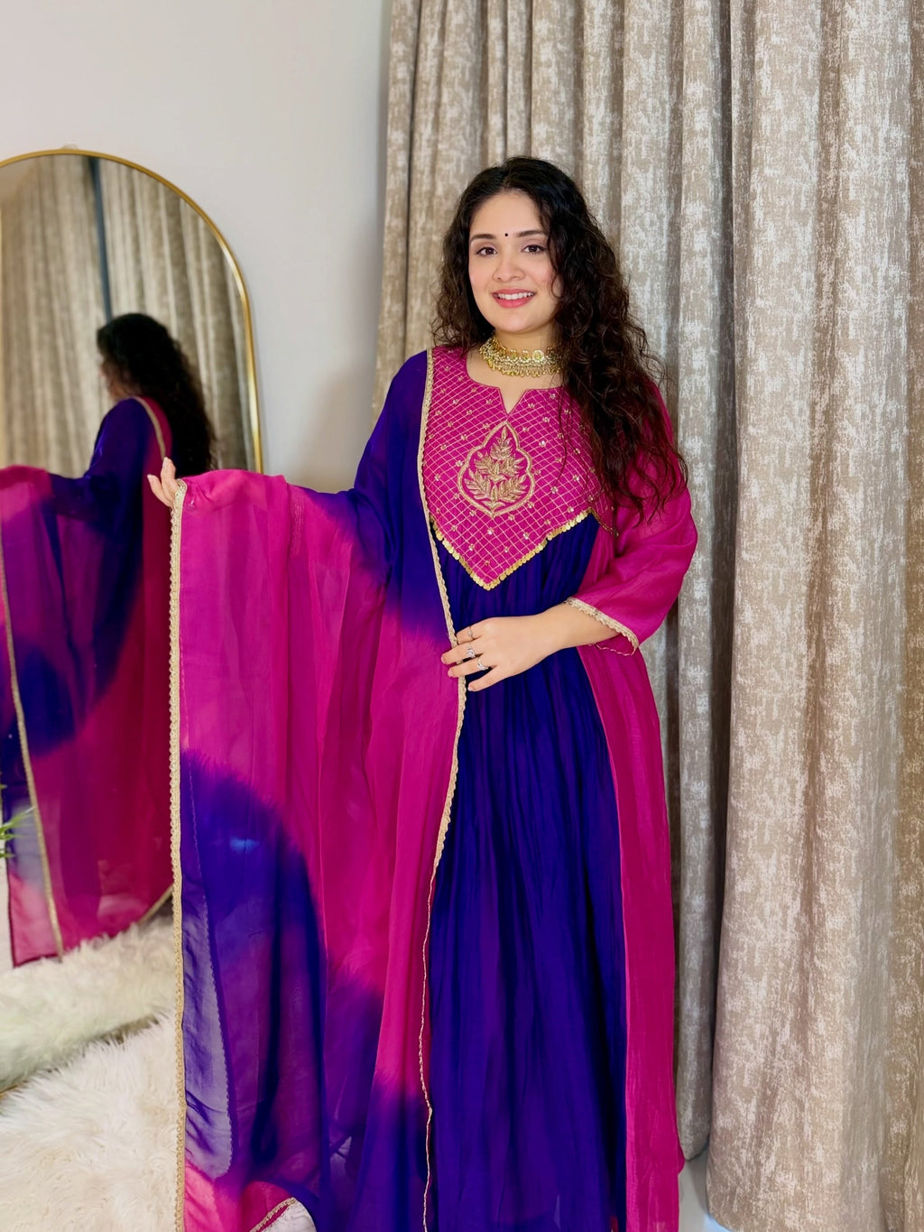 Royal Blue & Pink Embroidered Anarkali Kurta Set With Dupatta