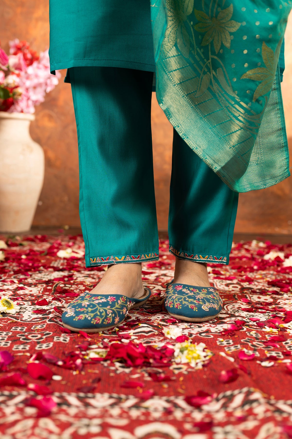 Meher Rama Green Marina Silk Embroidered Kurta Pant Set