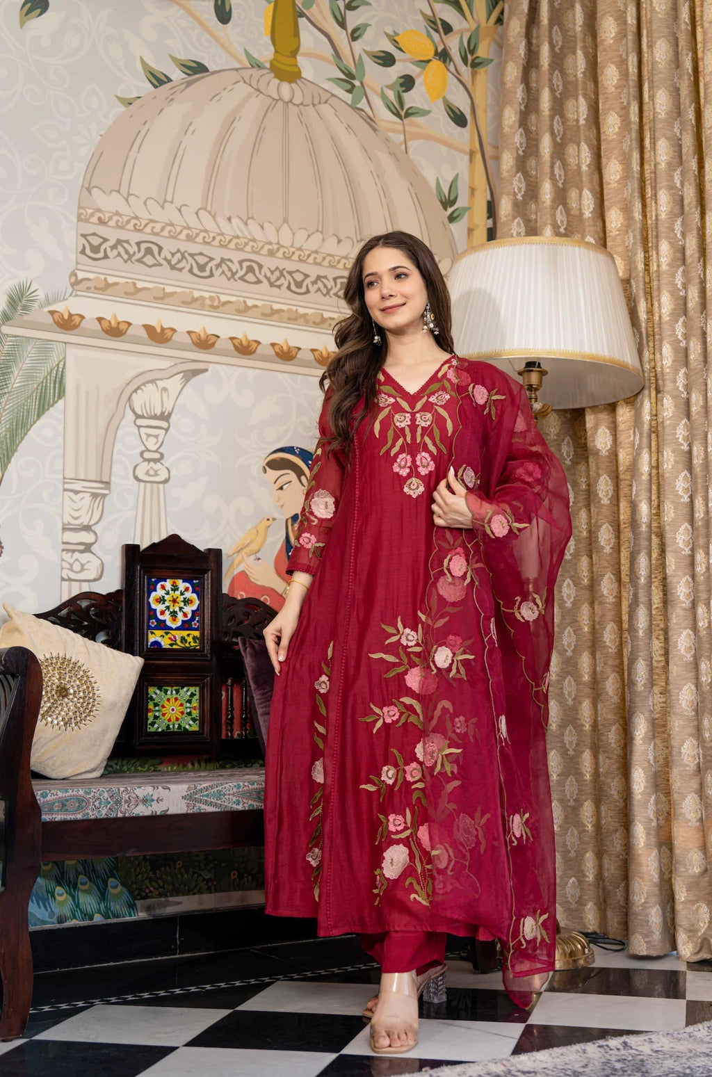 Ruby Pinkish Red Jacquard Suit Set with Dupatta
